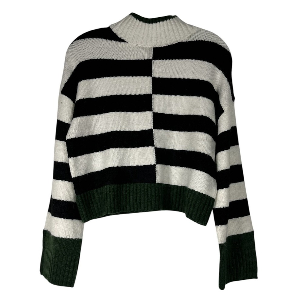 William Rast Sz S‎ Sweater Black White Color Block Striped Mockneck Green Trim